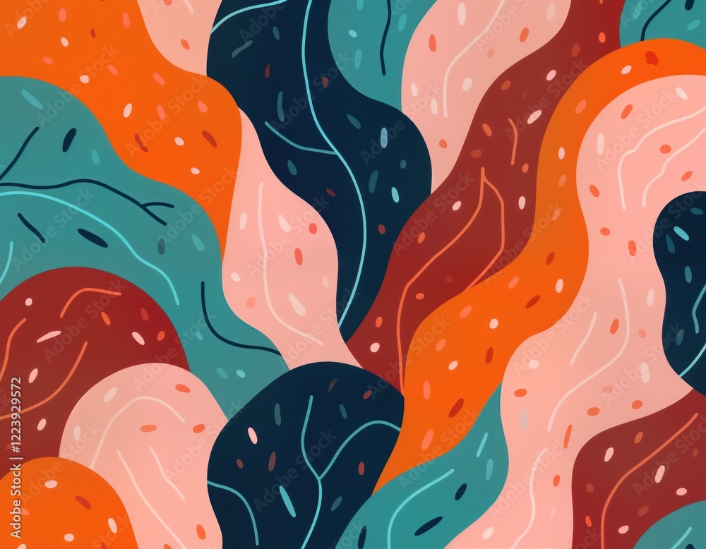 Poster abstract seamless pattern design featuring organic shapes in retro style. colorful leaves, wavy form