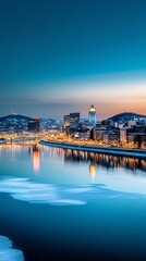 Fototapeta premium Serene skyline at night, bold fireworks in shades of blue, red, and gold reflecting softly in a calm river below