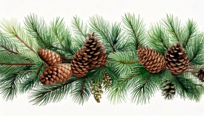 Fototapeta premium Horizontal border with pine branches and cones, needles on white