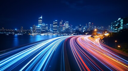 Fototapeta premium Skyline framed by bright firework trails, intricate patterns in vivid colors lighting up the night above bustling streets