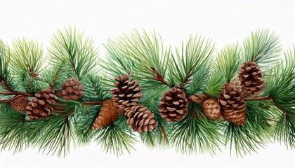 Horizontal border with pine branches and cones, needles on white