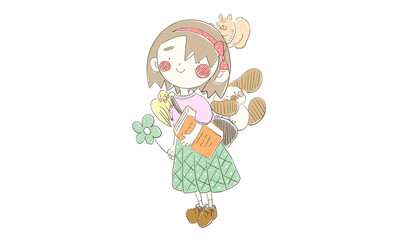 犬、鳥、リスと本を持つ女の子