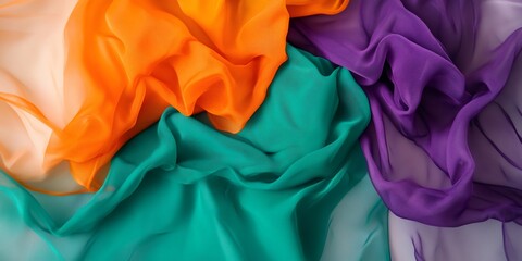 Background of colorful chiffon fabric forming elegant folds and waves, creating a vibrant and textured composition