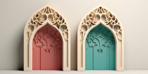 Obraz premium Elegant Islamic Archways Design: Intricate 3D Render of Traditional Arabian Architecture with Pastel Color Palettes