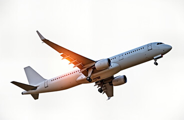Obraz premium White airplane flies high in clear sky. Sunlight shines on wing. Commercial air travel concept. Modern jet aircraft in flight. Airliner taking off. Fast, safe transportation. Travel business,
