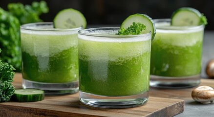 Green smoothie blend: fresh produce, vibrant nutrients, health boost, herbal infusion, fruit combination, vitamin-rich, antioxidant power, fiber-packed, rejuvenating drink, nutritious choice.