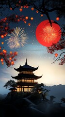 Obraz premium Temple on a hill glowing with lantern light, surrounded by trees and fireworks painting the night sky in red and gold