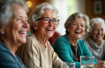 Group of happy senior women smiling, socializing at indoor event. Look joyful, engaged. Gathering of friends. Expressions show companionship, positive social atmosphere. Seniors enjoy company in