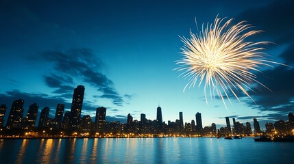 Obraz premium Urban skyline glowing under golden fireworks, the night sky filled with shimmering trails and bold bursts of energy