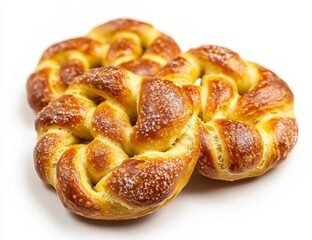 Fototapeta premium Three golden-brown pretzels sprinkled with sugar, isolated on white.