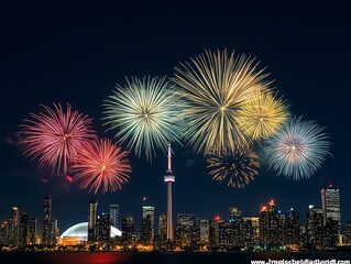 Urban skyline with colorful firework explosions, each burst forming artistic shapes above towering city buildings