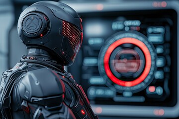 Fototapeta premium A futuristic robot in sleek black armor stands before a high-tech control panel, featuring vibrant red and circular displays.