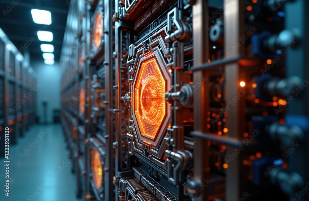 Aufkleber Futuristic quantum computer system in server room. Complex tech design. Orange glowing central part. Metal structures, wires. Modern data center. High tech innovation. Advanced computer. Powerful AI