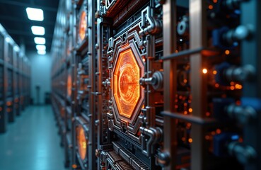 Futuristic quantum computer system in server room. Complex tech design. Orange glowing central part. Metal structures, wires. Modern data center. High tech innovation. Advanced computer. Powerful AI