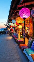 Naklejka premium Vibrant marketplace adorned with glowing lanterns, colorful textiles and decorations filling the festive street