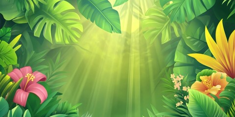 Obraz premium Sunlight filtering through lush tropical foliage, highlighting vibrant blossoms amid dense green rainforest vegetation