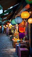Fototapeta premium Vibrant marketplace adorned with glowing lanterns, colorful textiles and decorations filling the festive street