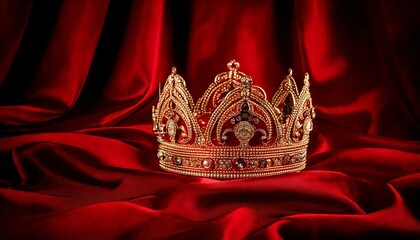 Luxury vintage crown on dark red satin, silk background