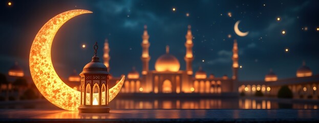 Islamic religious background with decorative lantern, crescent moon. Luxury style. Ramadan Kareem. Beautiful night. Elegant ornament. Mosque in background. Muslim celebration. Festive atmosphere.