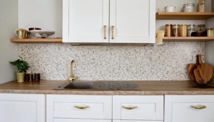 Modern Minimal Kitchen Design: Stylish White Cabinets with Brass Knobs, Granite Island, and Wooden Shelves in Scandinavian House