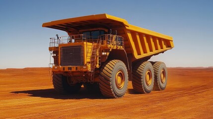 Obraz premium Large yellow mining dump truck on red dirt.