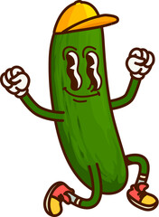 Cartoon groovy cucumber vegetable character on summer vacation. Isolated vector playful fresh veg retro y2k personage happily jumping with happy expression, enjoying summertime holidays activities