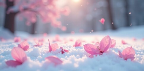 Soft pink petals falling gently on a snowy scene, quiet, serene, peaceful