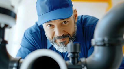 Dedicated worker in blue uniform fixing pipes workshop closeup