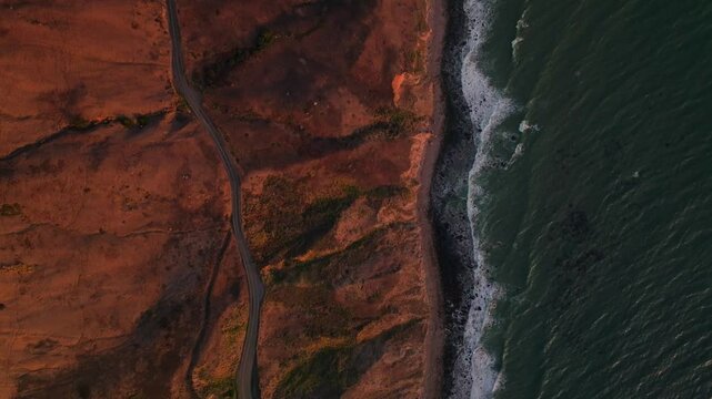 Bodega Bay windy scenic coastal highway Bolinas Sonoma Coast State Park Pacific Ocean California aerial drone birds eye forward up motion golden sunset Fort Ross Redwood Point Reyes Salmon Creek