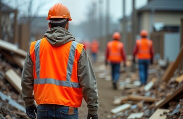 Obraz premium Workers in safety vests navigate debris field during disaster recovery. Teams help rebuild damaged community. Emergency response to hurricane flood. Dedicated workers assisting in rescue, hazard