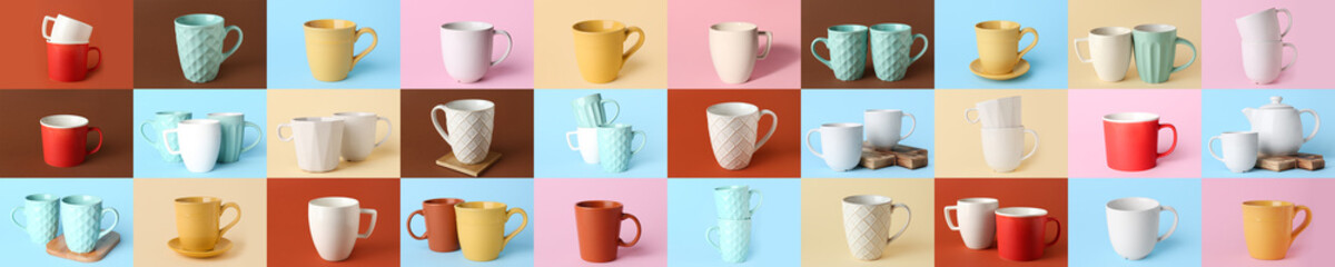 Collage of ceramic cups on color background