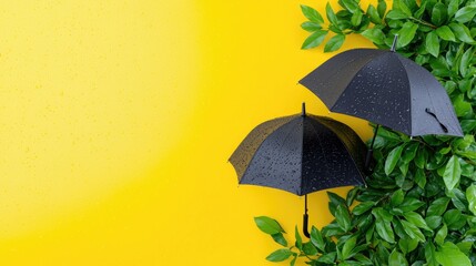 Rainy day umbrellas, green leaves, yellow background; spring weather concept