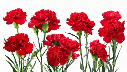 Fototapeta premium Panoramic view with carnation schabaud. Set red flowers, green stems,