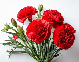 Panoramic view with carnation schabaud. Set red flowers, green stems,