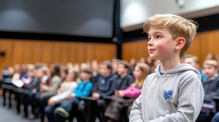 Fototapeta premium Boy attentively listens at school assembly; audience blurred. Educational stock photo