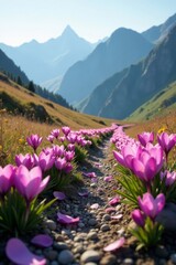 Soft pink petals of crocuses blanket the mountain path, mountains, gentle morning
