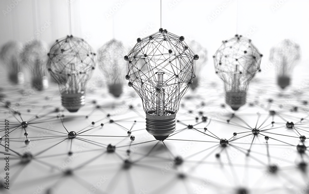 Poster networked lightbulbs symbolize interconnected ideas and innovation.