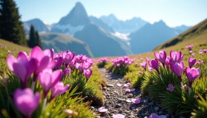 Soft pink petals of crocuses blanket the mountain path, spring, tre cime di lavaredo, serene landscape