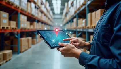 Man in warehouse uses tablet to navigate. Tablet shows warehouse map with highlighted location. Modern tech for inventory management. Person in blue shirt. Warehouse full of boxes. Logistics supply