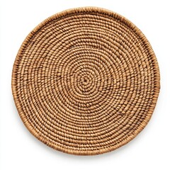 Fototapeta premium Round woven seagrass tray, handcrafted, natural texture, isolated on white background.