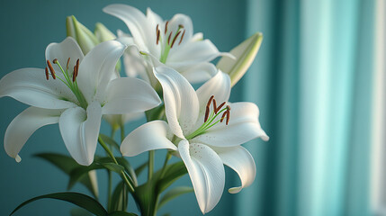 Fototapeta premium A bouquet of white lilies against a light background with space for text, minimalistic, bright tone, modern blurred backdrop, and empty caption space on the side