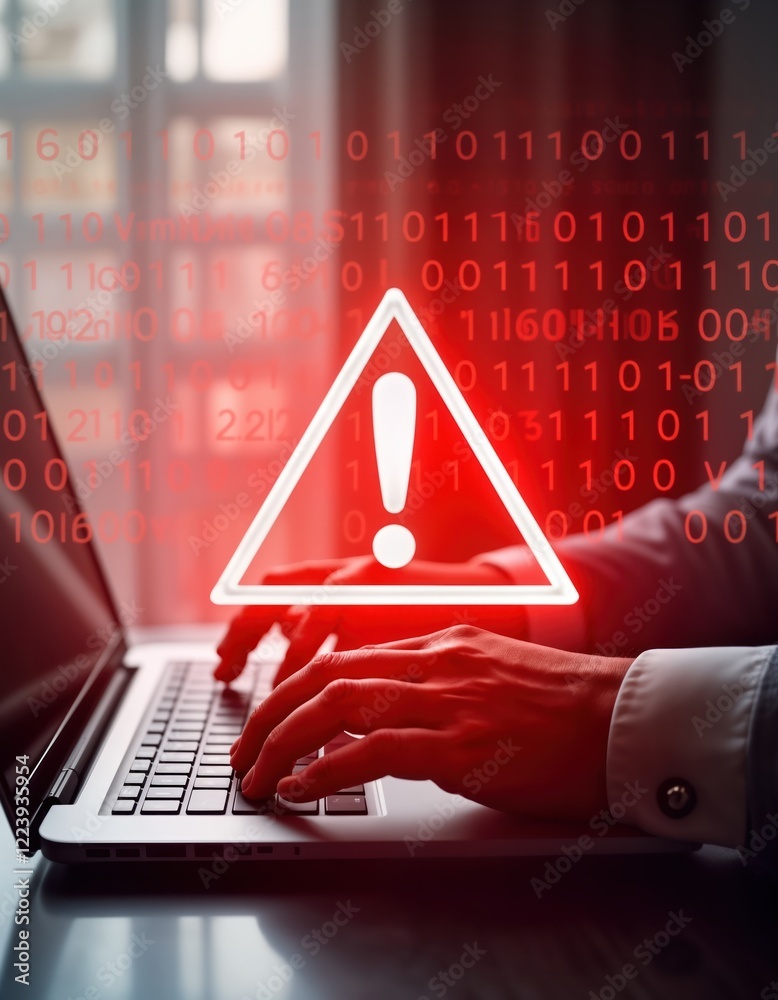 Fototapete Business person works on laptop computer with red alert symbol, binary code overlay. Security system warning visible on screen. Possible virus attack hacking attempt in progress. Focus on hands on
