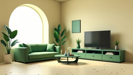 Fototapeta premium Modern Green Living Room Interior Design With Plants