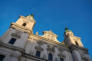 Towers of the Historic Salzburger Cathedral Salzburg Austria. Salzburg Cathedral in the old town known as the Salzburger Dom. A UNESCO World Heritage Site


