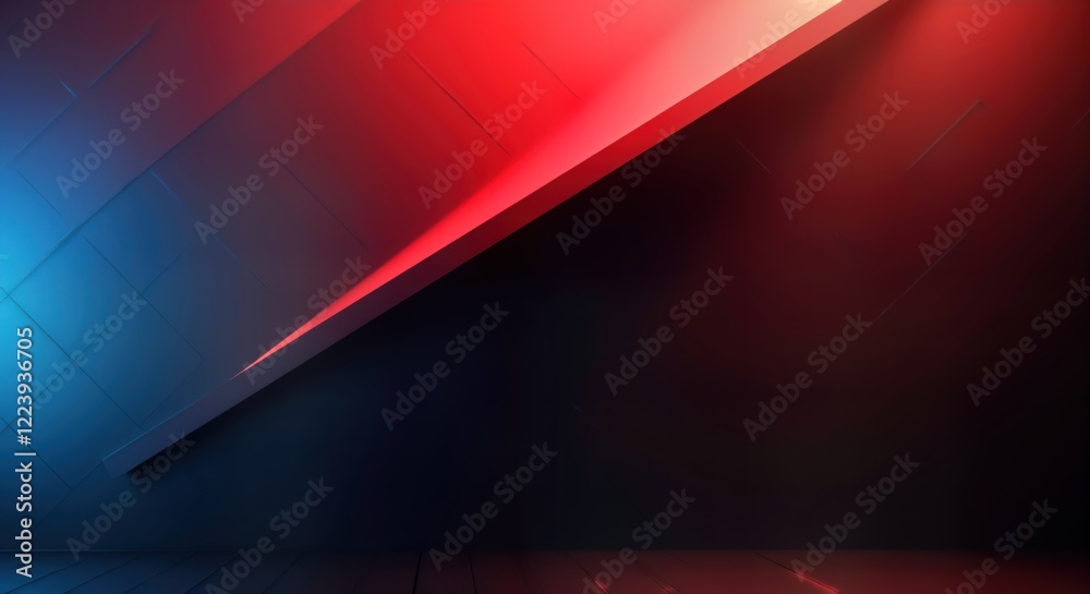Poster Abstract gradient design with diagonal layers of red, blue on black background. Geometric patterns suggest modern interior stage design. Vibrant colors, shapes create eye-catching backdrop ideal for
