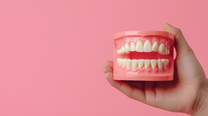 Oral health instruction handheld dental model on pink background