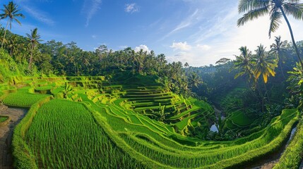 A lush green rice field under a clear blue sky