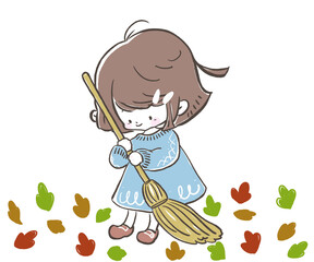 ほうきで落ち葉をはく掃く水色ワンピースの女の子