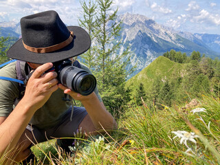 Fototapeta premium hiker and nature photographer taking pictures of Edelweiss at Berchtesgaden national park with Mt. Watzmann in the back, Bavaria, Germany