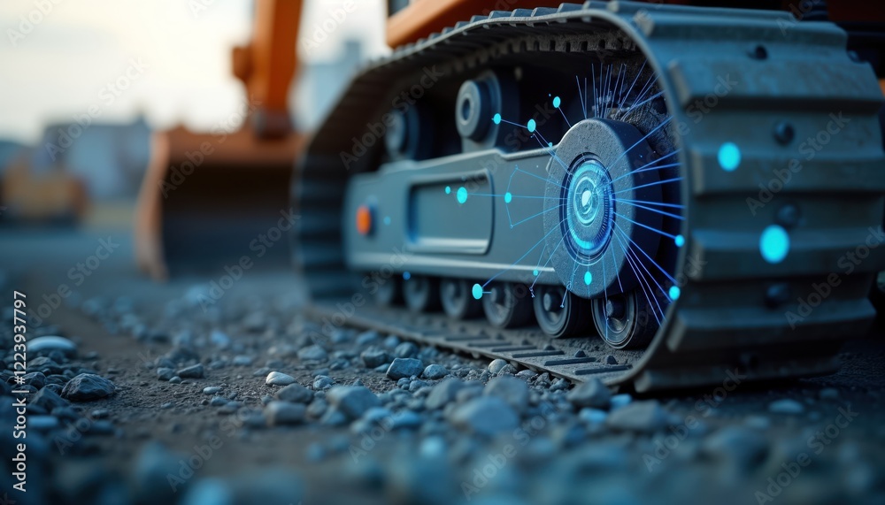 Poster close-up bulldozer track. digital tech overlay shows connectivity. modern construction machinery. fu